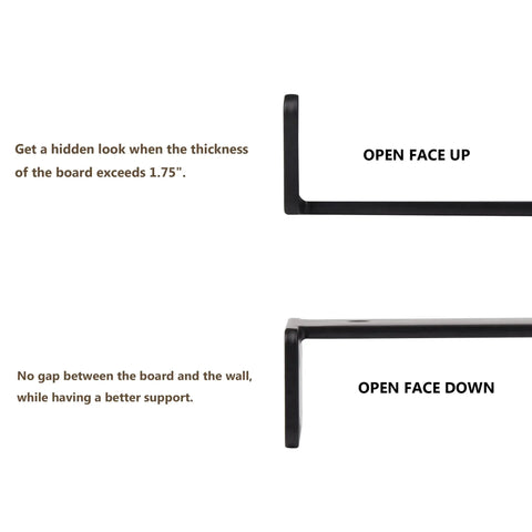 Beefy Heavy Duty Floating Shelf Brackets 6 Inch L Shaped Steel Wall Mounts Black Powder Coat, open face up and down view