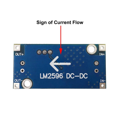 6 Pack DC To DC Buck Converter Kit With LM2596 Regulator High Efficiency Power Supply Module showing current flow signage