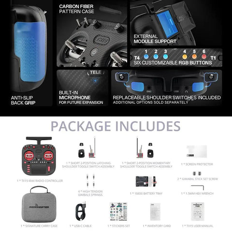 Package contents of TX15 Max 3.5 Inch IPS Touchscreen Radio Controller With ExpressLRS Long Range AG02 CNC Hall Gimbal Built-In Gyro