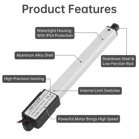 Tiny But Mighty 12V Mini Linear Actuator With 10mm Stroke, showing product features and technical details.