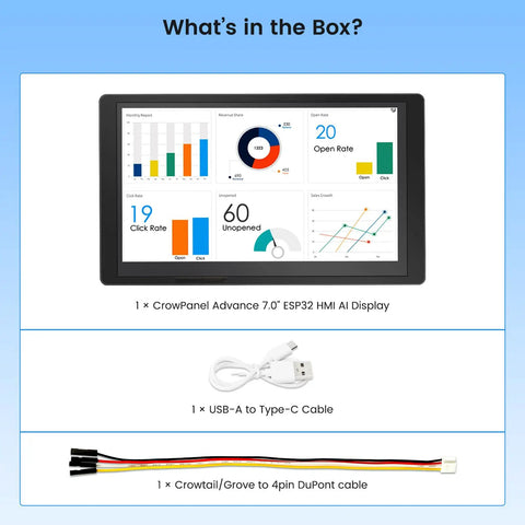 What’s in the box: 7 Inch ESP32 Display With 800 By 480 IPS HMI AI Touch Screen In Acrylic Case WiFi 2.4GHz Bluetooth 5.0 Dual Core LX7 Up To 240MHz 16M Flash 8M PSRAM 512KB SRAM AI Speech Interaction, cables included