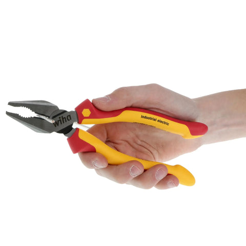 Insulated Industrial Pliers And Cutters Set, 3 Piece, 8 Inch Each, Pro Grade Electrician Tools Kit For Hardwired Projects shown in hand