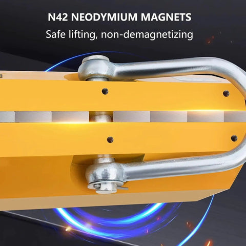 Heavy Duty Permanent Magnetic Lifter For Auto Shops And Scrappers Hella Tough Steel Plate Handler view of N42 neodymium magnets.