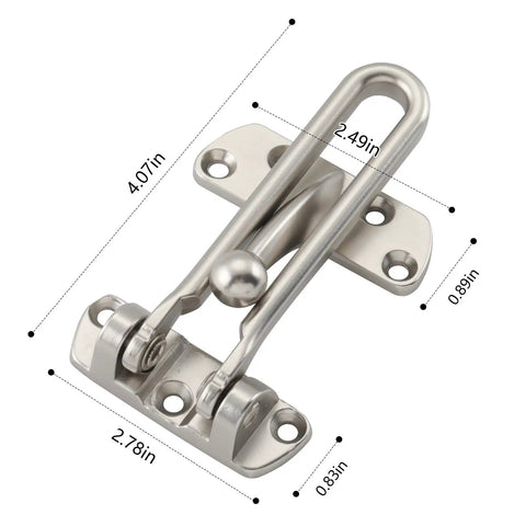 Bulletproof 4 Pack Swing Bar Door Guard, Heavy Duty Zinc Alloy Security Latch For Apartments And Rental Units, Satin Nickel Privacy Reinforcement Lock For Easy Side Mount dimensions showing 4.07in by 2.49in.