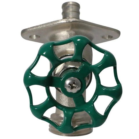 Half Inch PEX To Three Quarter Inch GHT Sillcocks Brass Crimp Fittings for Garden Hose Threaded Connection, view of green handle