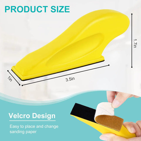 Tiny But Mighty Detail Sander Kit For Tight Spaces And Small Projects, yellow sander handle with Velcro design, dimensions shown