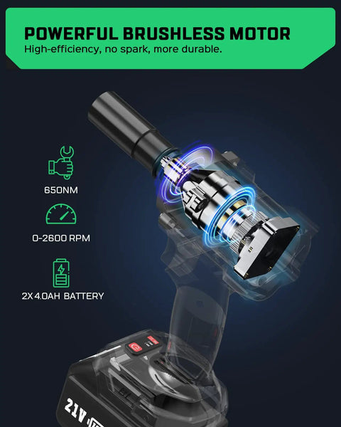 Cordless Brushless Impact Wrench Kit With 650 Nm Torque Half Inch Drive Two Batteries Beefy Compact Yet Powerful Tire And Home Tool For Quick Lug Nuts, Car Maintenance, And DIY Projects high-efficiency motor diagram