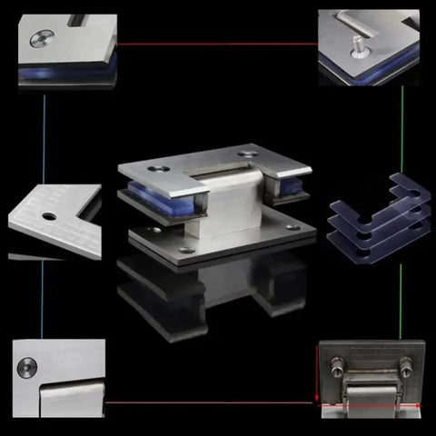 Close-up views of 90 Degree Glass Door Hinge Stainless Steel Wall Mount Frameless Glass Fixing T Clip For Bathroom Display Doors