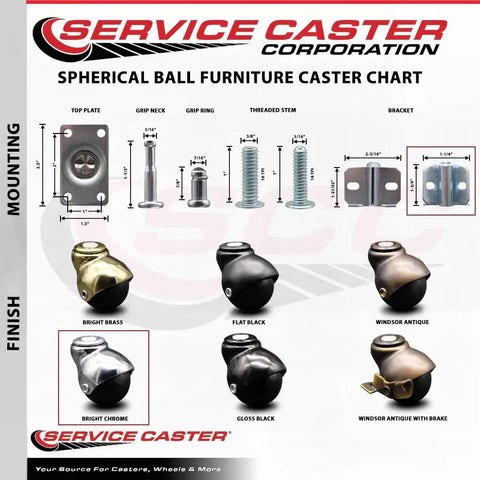 Spherical Ball Furniture Caster Chart showing various caster types and finishes, including Heavy Duty 2 Inch Polyolefin Swivel Caster Wheels With Bright Chrome Hooded Stem And Inside Corner Mount Bracket 300 Lb Capacity Handles Weight Like A Champ Furniture Casters Set Of Four.