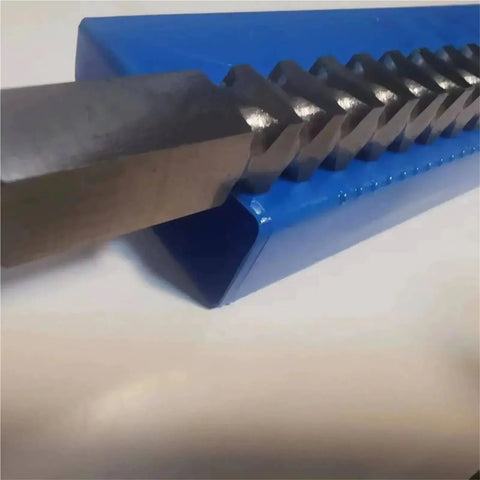 Close-up of 22mm Square Push Type Broach Cutter for Keyway, HSS High Speed Steel cutting tool on blue surface