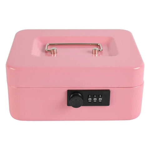 Steel Cash Box Safe With Combination Lock Pink Money Safe Box With Removable Coin Tray Medium Size 7.87 By 6.30 By 3.54 Inches Durable Steel Construction for home, office, or travel security.