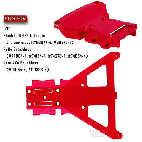 Red aluminum front and rear bulkhead from Aluminum Front And Rear Bulkhead Upgrade Kit For One Tenth Scale Slash 4X4 Ultimate Rally Brushless RC Car Red Alloy CNC Machined Beefed Up Hop Ups That Improve Durability Precision Handling And Boost Off Road Performance shown separately.