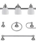 Jayden Five Piece All In One Bathroom Set Satin Nickel Three Light Vanity Light With White Opal Glass Shades Towel Bar