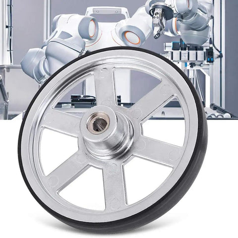Beefy 90mm industrial robot wheel with built-in D type steel shaft hub and rubber tread for superior traction in DIY projects.