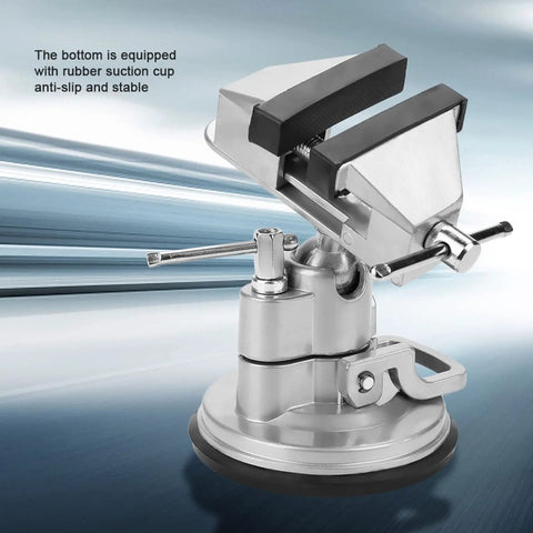 Rock Solid Universal Table Vise Clamp With Zero Wobble Rotating Base Heavy Duty Aluminum Alloy Bench Vice close-up showing rubber suction cup for stability.