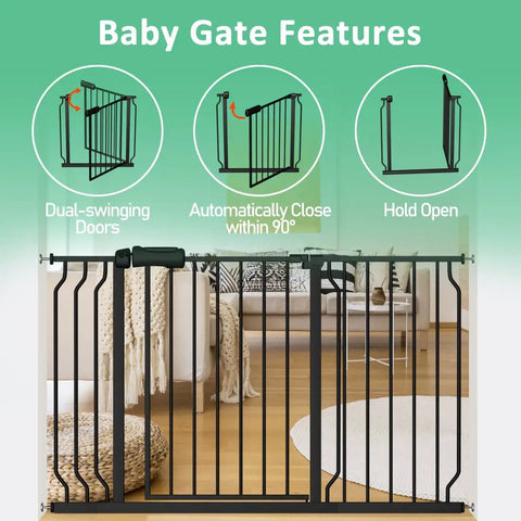 Extra Wide Pressure Mounted Baby Gate Walk Through for Kids and Pets With Extension, Auto Close, Black in doorway setup