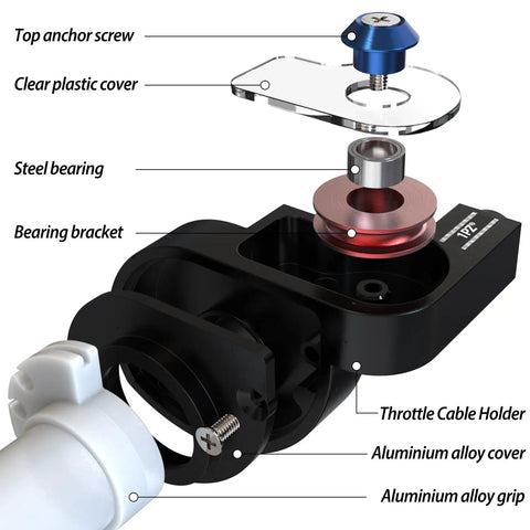 Exploded view of Beefy Seven Eighths Inch Twist Throttle Grips With Fifty Two Inch Cable showing components and materials.