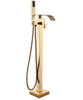 Gold Polished Floor Mounted Tub Filler Faucet With Handheld Sprayer, Free Standing Bath Tap, Waterfall Spout, Single Handle
