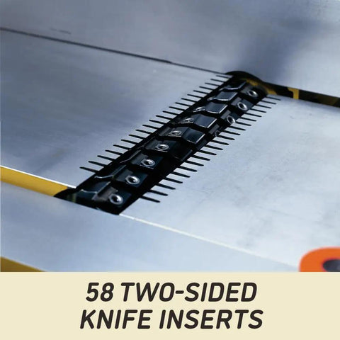 Close-up of 58 two-sided knife inserts on the Workhorse 16 Inch Parallelogram Jointer With Helical Head And Fifty Eight Carbide Inserts Seven Point Five Horsepower Cast Iron Table Runs Like A Dream For Knockout Jointing And Snappy Shop Service.