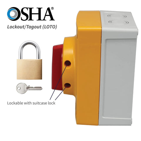 Beefy Enclosed Mountable Motor Disconnect Switch For Heavy Duty Machinery 3 Pole 25A 600V IP66 NEMA 4X with lock and key
