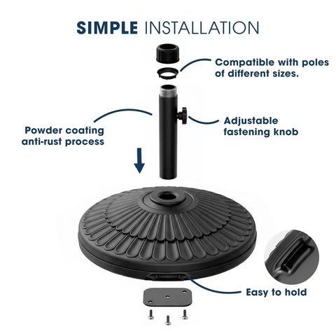 Heavy Duty 90 Lb HDPE Round Patio Umbrella Base for 1.5 to 1.9 Inch Poles Adjustable Fill Weighted Umbrella Stand parts shown
