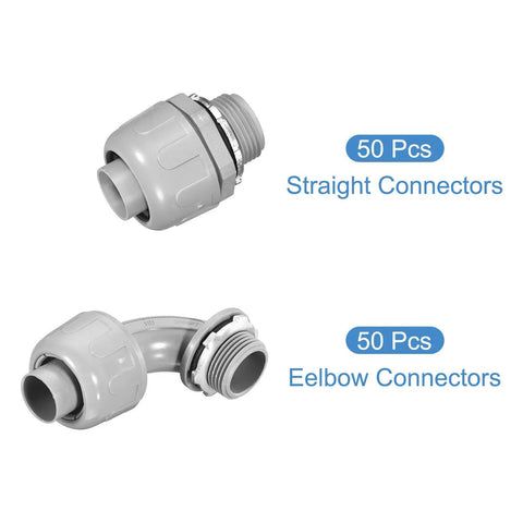 Heavy Duty 100 Pack Of 3/4 Inch NPT Liquid Tight Connectors For PVC Electrical Conduit Fittings featuring straight and elbow connectors.