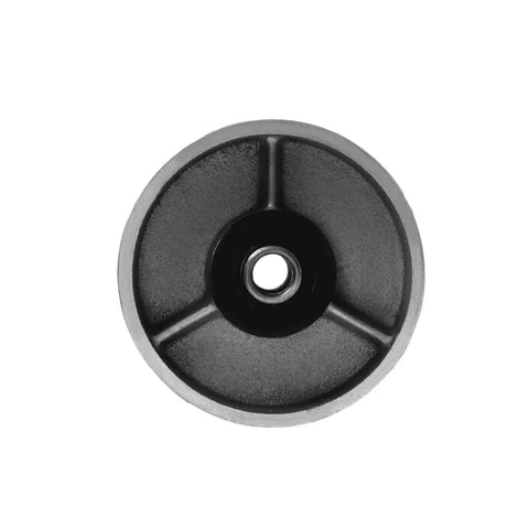 Top view of a Rock Solid 4 Inch Cast Iron Caster Wheel showcasing the precision steel bearing and robust design.