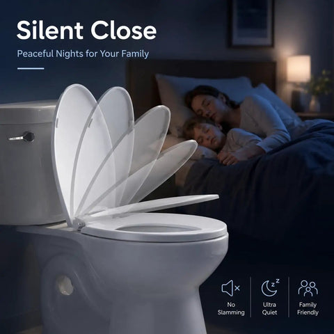 Elongated Toilet Seat Featuring Smooth Slow Close Soft Shut Hinges That Stay Locked Down Tight As A Nail Meanwhile Quieting Those Annoying Lid Slams Crafted From Durable White Plastic For Effortless Oblong Bathroom Updates on toilet.