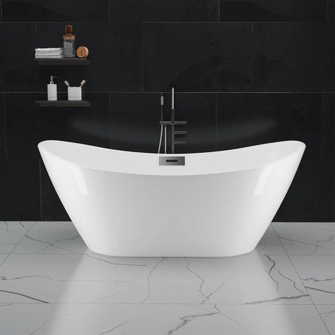 Top Shelf Acrylic Freestanding Soaker Tub Featuring Deep Soaking Pool And Sculpted Curved Backrest For Serious Lumbar Relief And Prime Chill Vibes In Crisp White against black wall.