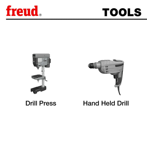 Freud drill press and hand held drill side by side, labeled for TOOL section display.