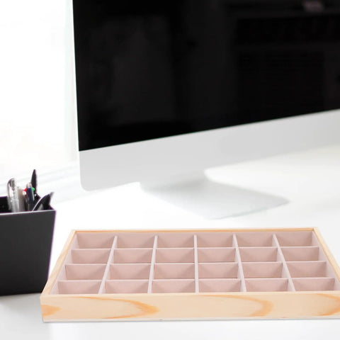 Straight Up Premium Pine Wood Jewelry Tray With 24 Compartments And Plush Velvet Lining To Store Your Bling on a desk beside a computer.