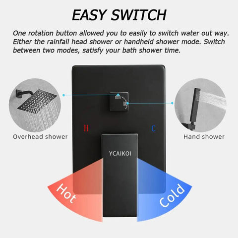 Level Up Your Daily Wash With This Matte Black Shower System Featuring An 8 Inch High Pressure Rain Head And Handheld Wall Mount Faucet Set With Rough In Valve Trim For A Smooth Install That Hits Different, featuring easy switch for hot and cold water.