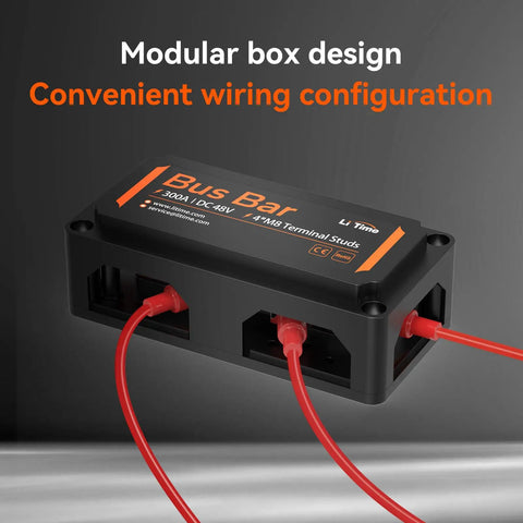 Heavy Duty 300A Bus Bar With Four M8 Studs Power Distribution Block For 48V DC Battery Systems, modular box design with wiring.