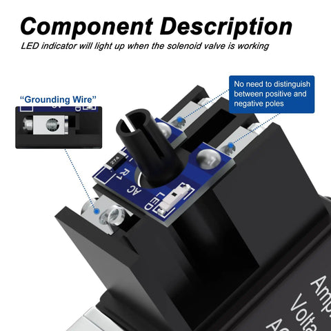 Close-up of One Quarter Inch NPT AC110V Solenoid Valve Two Way Normally Closed Electric Valve With Junction Box Model 2V025 08 components.