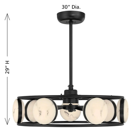 Matte Black Jewelry Inspired Chandelier Ceiling Fan With Integrated Led Lighting And Remote Featuring Faux Alabaster Accents, 30 inch diameter.