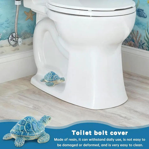 Snazzy Sea Turtle Toilet Bolt Covers Two Pack Ceramic Screw Caps For Bathroom Bowl Anchor Nuts No Sweat Swap Restroom Floor Hardware Total Bathroom Vibe Upgrade on a clean white toilet.
