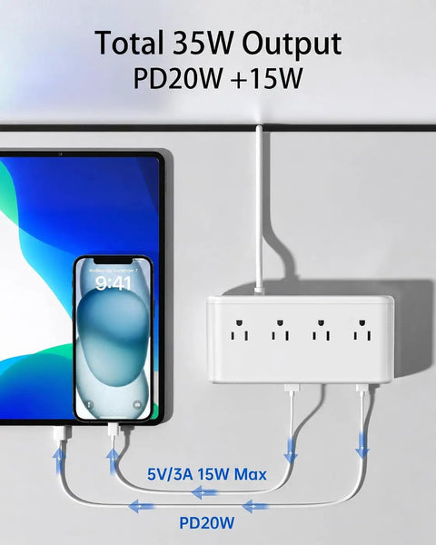 Heavy Duty 10in1 Usb Charging Station With PD 20W Fast Charging showing total output of 35W with six ports and a tablet.