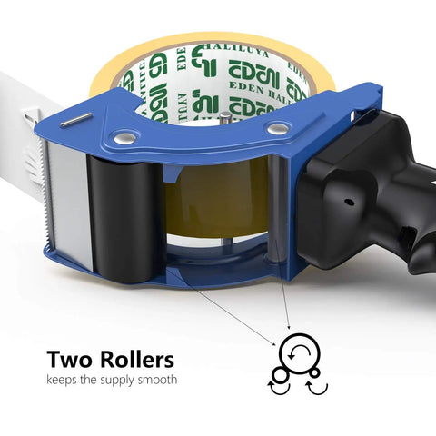 Kickass Two Inch Tape Gun Dispenser With Fast Reload Mechanism And Dual Rollers For No Sweat Packing Sealing showing dual rollers.