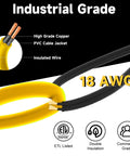 Industrial wire showing 18 AWG high-grade copper, PVC jacket, part of 100 Foot LED Construction String Light Set With Ten 15W Lamps
