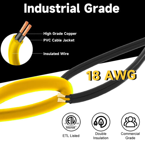 Industrial wire showing 18 AWG high-grade copper, PVC jacket, part of 100 Foot LED Construction String Light Set With Ten 15W Lamps