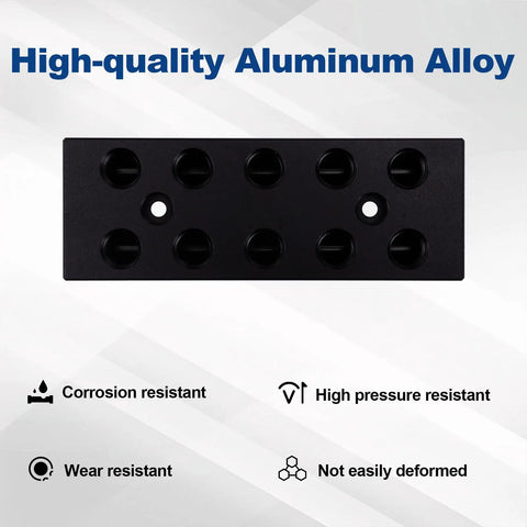 Front view of a high-quality aluminum 7-port dual-row manifold, part of the Multi Port Pneumatic Manifold For Air Water And Oil Distribution Inline Block Splitter Dual Row 5 Way 7 Port One Quarter Inch NPT Port Real Handy For Easy Hookup And Reliable Air Tools And Systems