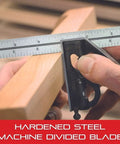 Pro Grade 12 Inch Steel Combo Square With Square Head in use on wood, showing forged hardened steel blade and 4R graduation.