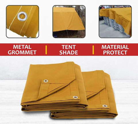 8 By 10 Tan Canvas Tarp, 12oz Heavy Duty Polyester, Water Resistant And Breathable with double stitched seams shown folded and with grommets.