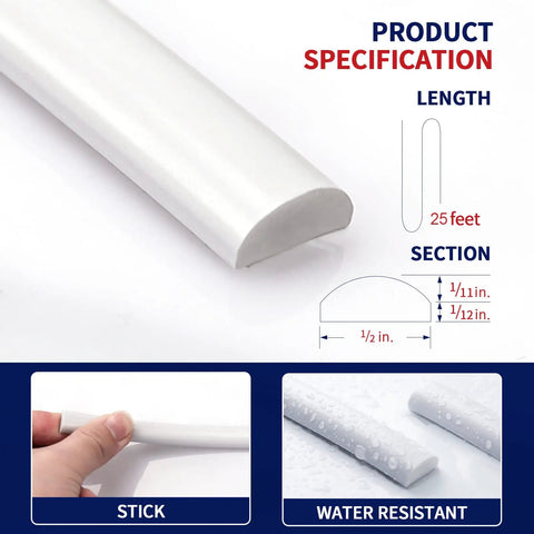 Close-up of 25 Ft Flexible Peel And Stick Trim Molding for backsplash, showing length and water resistance specifications.