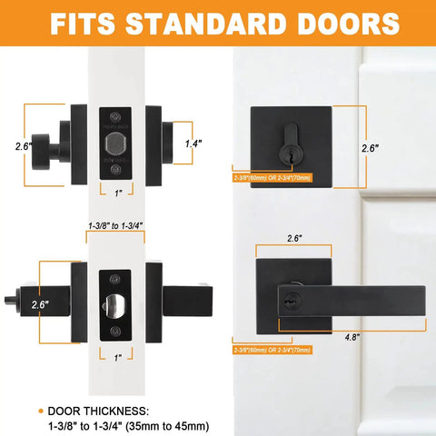Dimensions of Matte Black Front Door Lock Set Three Pack With Single Cylinder Deadbolt And Keyed Entry Lever for standard doors.