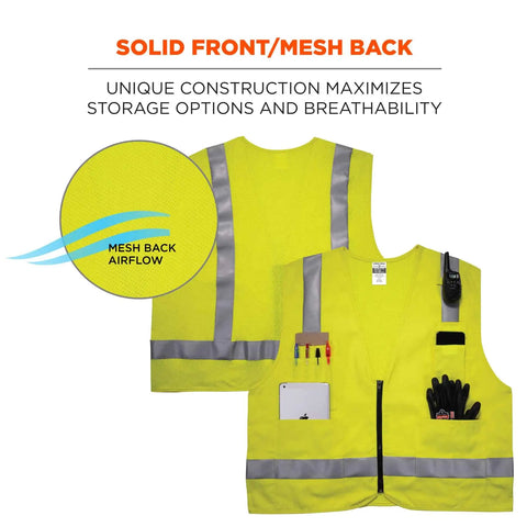 GloWear 8262FRZ Flame Resistant Hi Vis Safety Vest With Reflective Strips Solid Front Mesh Back Lime Green ANSI ISEA 107-2020 CAT 1