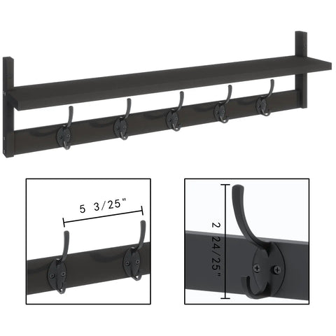 Heavy Duty Wall Mounted Shelf With Five Dual Hooks Straight Up Game Changer Entryway Coat Rack For Small Apartments Bathrooms And Bedrooms In Matte Black dimensions and hooks.