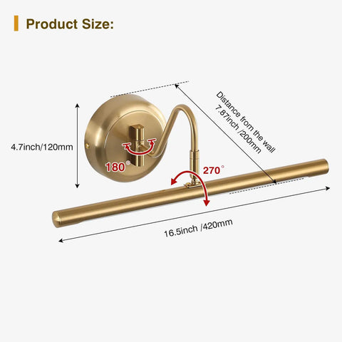 Diagram of Ultra Sleek Nickel Picture Light for Artwork 16.5 Inch Warm White 3000K Non Dimmable Wall Mount Fixture with dimensions