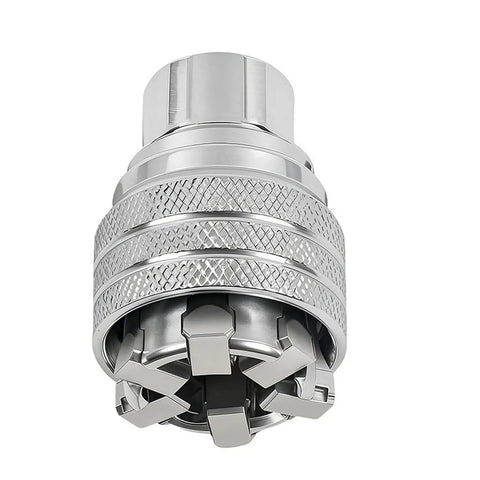 3/8 Inch Drive Socket Ratchet Wrench Set Two Piece Heavy Metal Tool Kit Grease Monkey Approved close-up of ratchet head with knurled grip