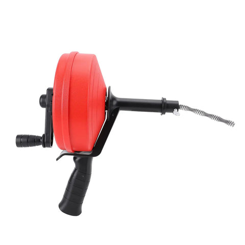 Heavy Duty Manual Drain Auger Snake For Kitchen And Bathroom Plumbing Super Tough Seven Point Five Meter Manganese Steel Cable angled view with winding handle.